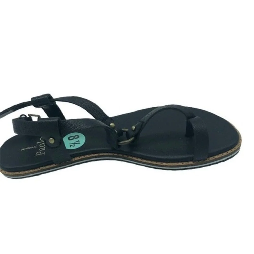 Linea Paolo Black Pebbled Leather Toe‎ Loop Flat Sandals Womens 8.5